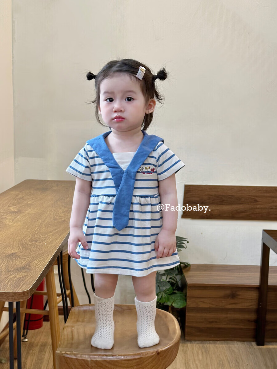 FADOBABY Girls' Navy Collar Striped Short Sleeve Summer Dress Newborn Toddler Cotton Princess Dress Summer 9